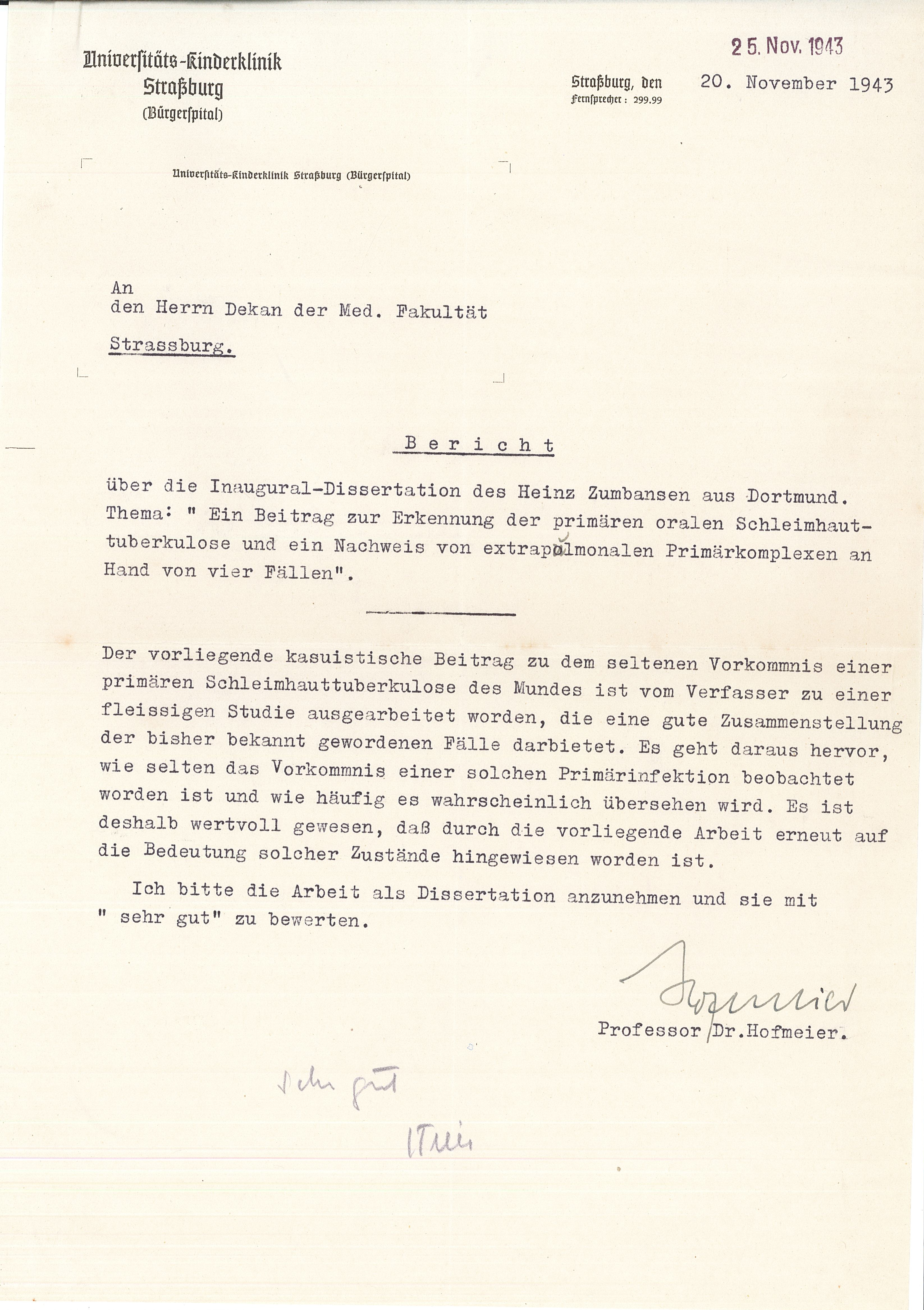Rapport d'évaluation du manuscrit de la thèse de Zumbansen rédigé par le professeur Hofmeier, 20 novembre 1943.