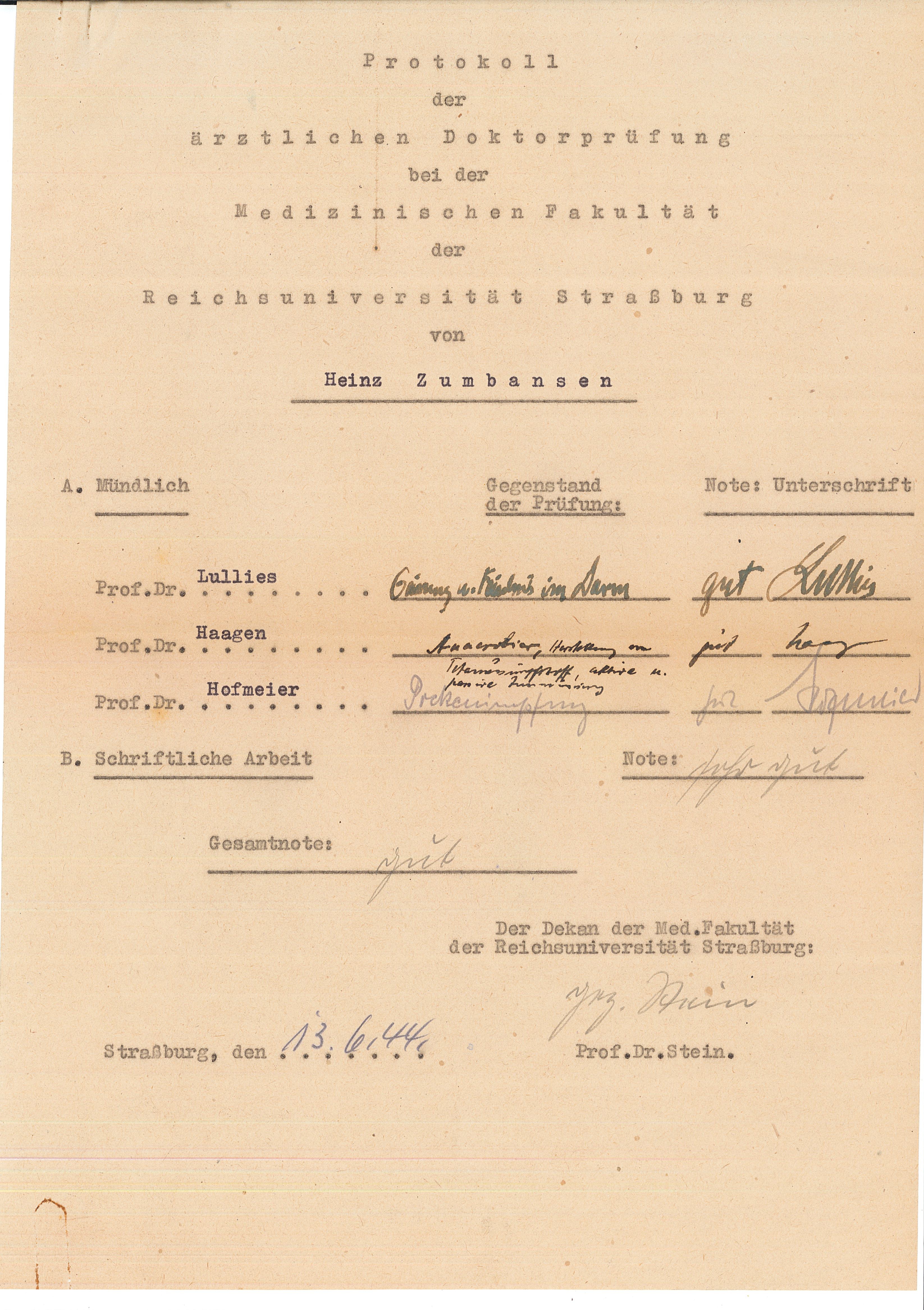 Procès-verbal de la soutenance de la thèse de Zumbansen, 13 juin 1944.